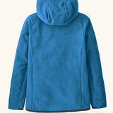 Back of Patagonia high performance kids R1 air hoody in bright blue. Jacket has a regular fit