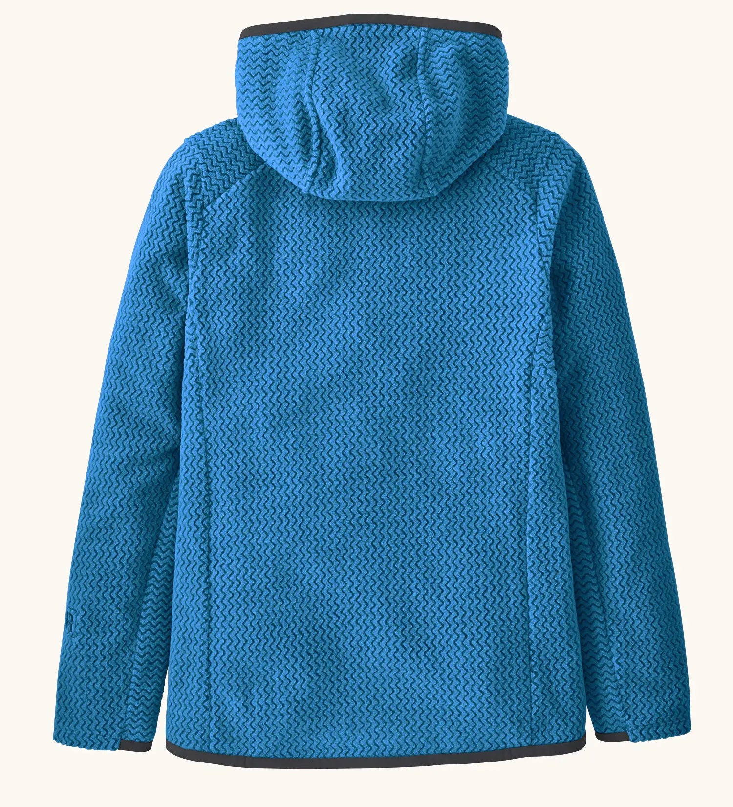 Back of Patagonia high performance kids R1 air hoody in bright blue. Jacket has a regular fit