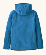 Back of Patagonia high performance kids R1 air hoody in bright blue. Jacket has a regular fit