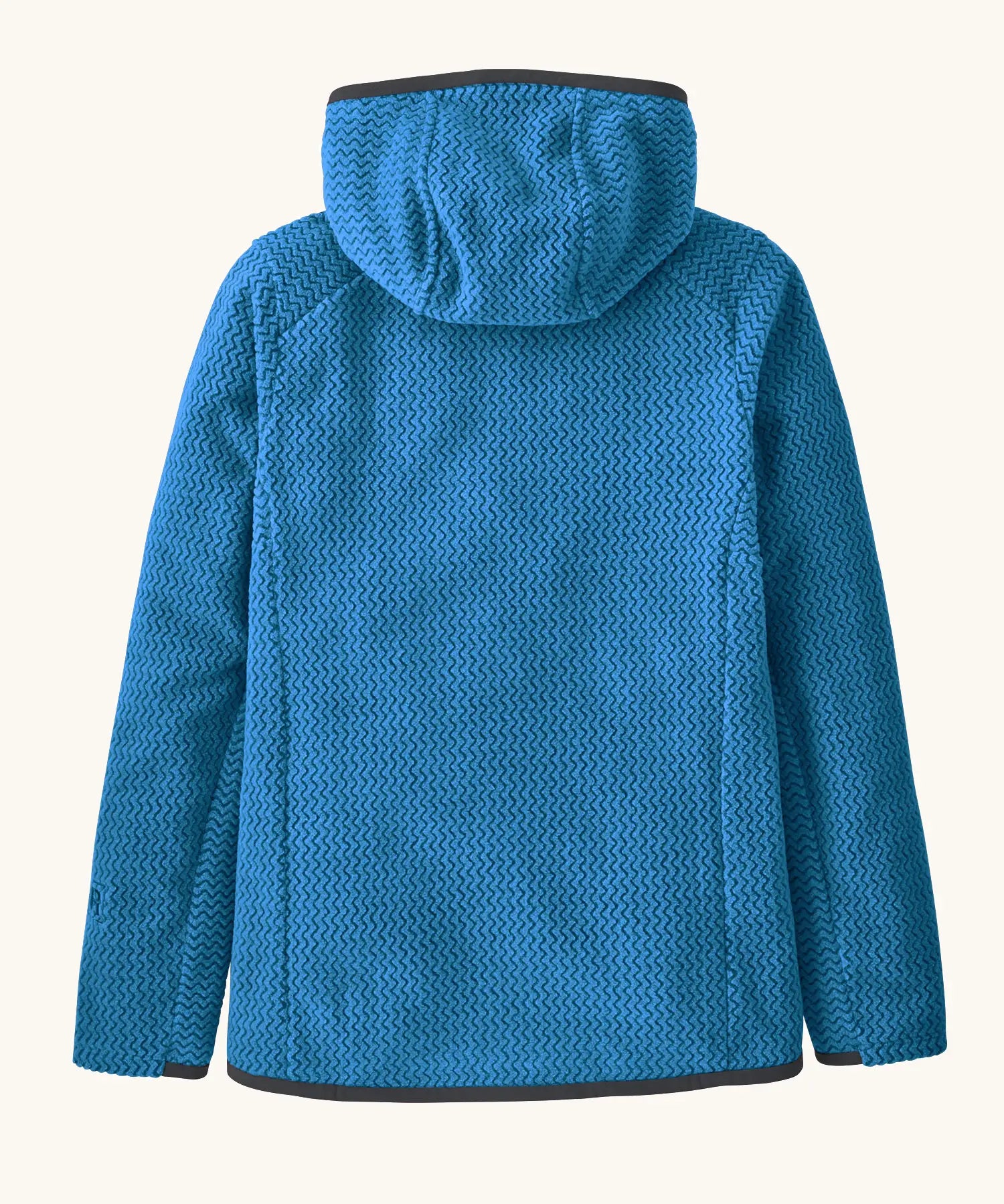 Back of Patagonia high performance kids R1 air hoody in bright blue. Jacket has a regular fit