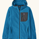 Patagonia high performance kids R1 air hoody in bright blue. Shows full length zip, thumb hole, side and chest pockets
