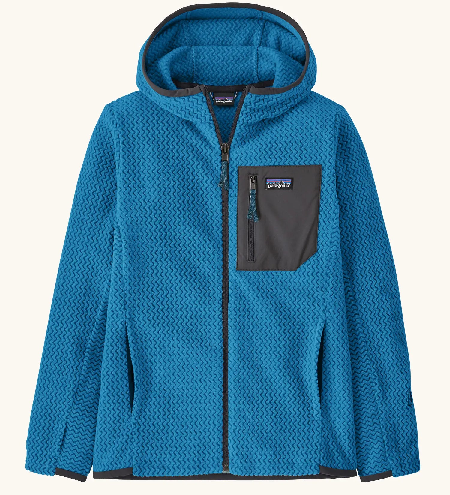 Patagonia high performance kids R1 air hoody in bright blue. Shows full length zip, thumb hole, side and chest pockets