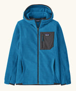 Patagonia high performance kids R1 air hoody in bright blue. Shows full length zip, thumb hole, side and chest pockets