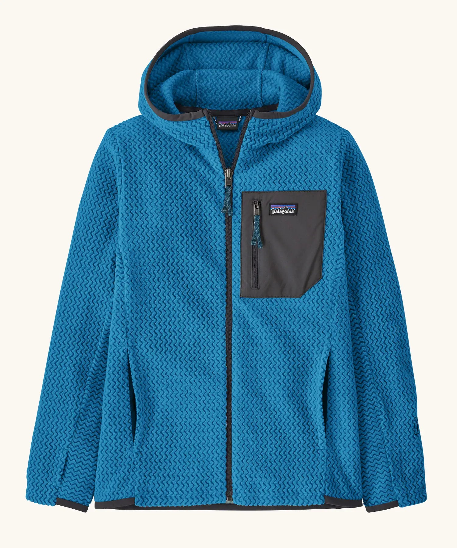 Patagonia high performance kids R1 air hoody in bright blue. Shows full length zip, thumb hole, side and chest pockets