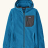 Patagonia high performance kids R1 air hoody in bright blue. Shows full length zip, thumb hole, side and chest pockets