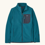 Patagonia Kids R1 Air Full-Zip Fleece Jacket in Glacial Blue. Deep blue ribbed body with dark grey binding, square chest pocket and full front zip. With thumb holes.