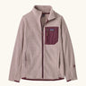 Patagonia Kids R1 AIr Full-Zip Fleece Jacket in Pink Frost. Pale Pink ribbed body with maroon binding, chest pocket and zip. And thumb holes on sleeves.