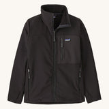 The front of the Patagonia r2 techface jacket in black showing the full length zip fastener. Jacket features chest and side pockets with zip fasteners.