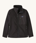 The front of the Patagonia r2 techface jacket in black showing the full length zip fastener. Jacket features chest and side pockets with zip fasteners.