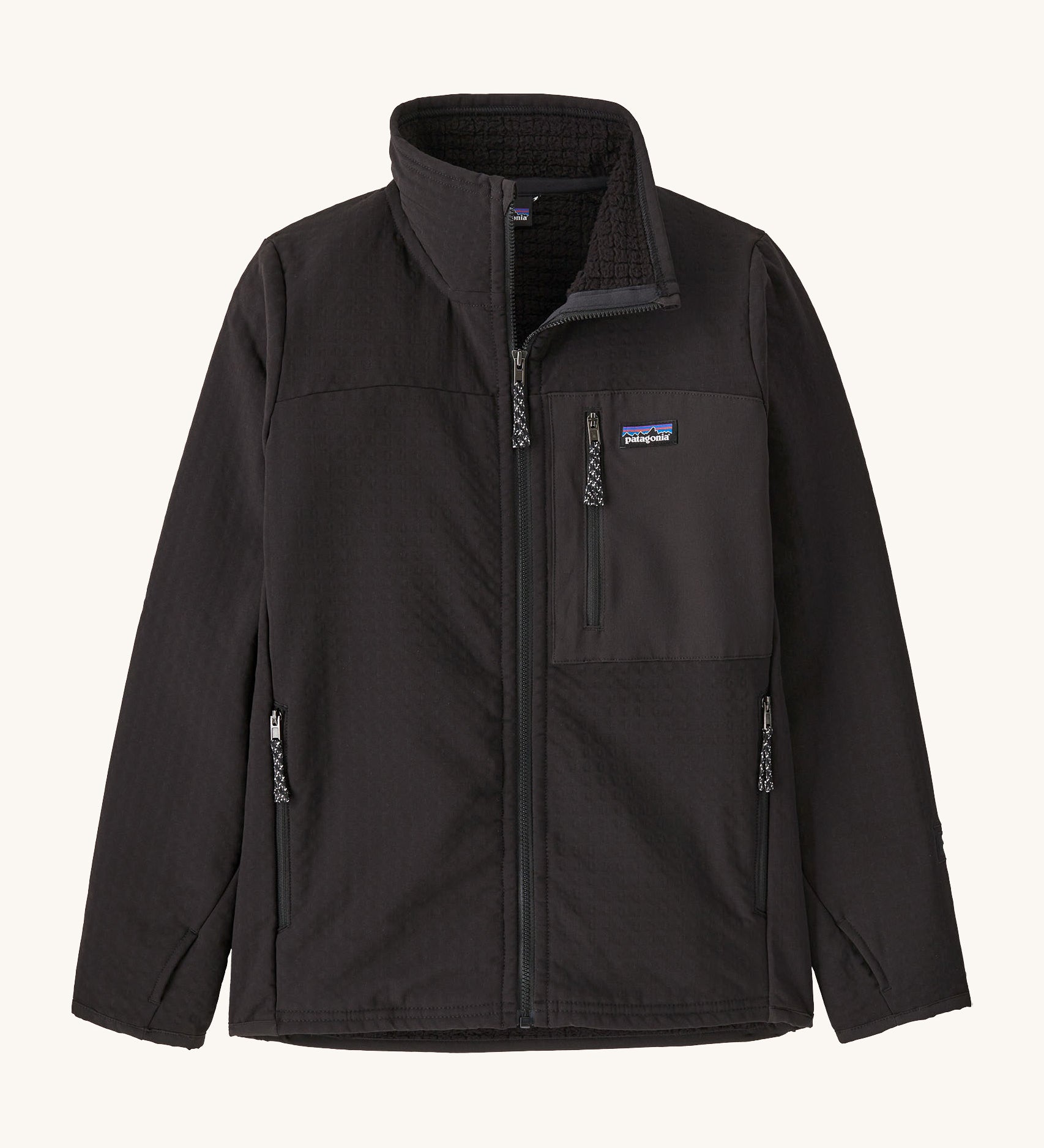 The front of the Patagonia r2 techface jacket in black showing the full length zip fastener. Jacket features chest and side pockets with zip fasteners.
