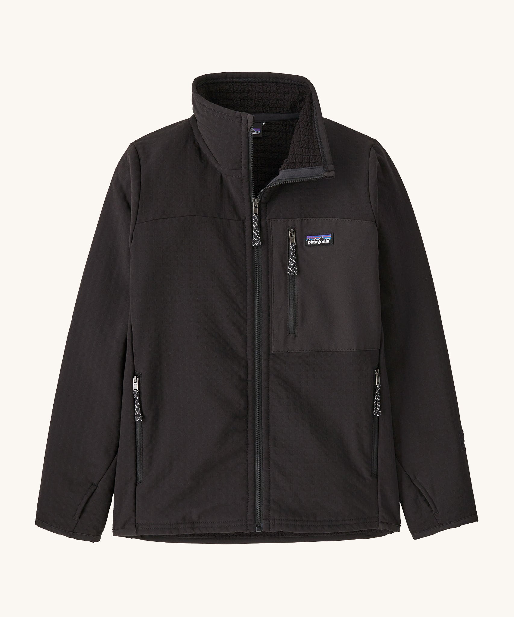 The front of the Patagonia r2 techface jacket in black showing the full length zip fastener. Jacket features chest and side pockets with zip fasteners.