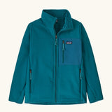 Patagonia Kids R2 Techface Jacket in Glacial Blue. Deep turquoise Jacket with full length front zip, fleece interior, side and chest pockets and thumb holes.