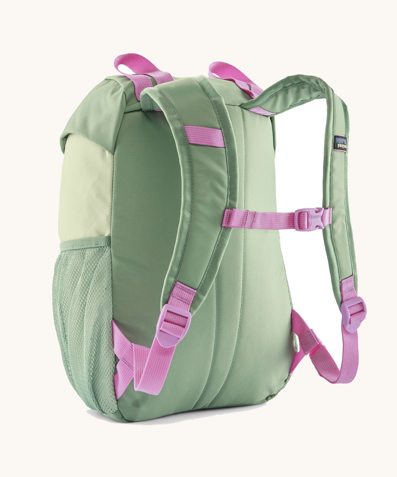 The back of the the Patagonia Kids Refugito 12L Backpack  in ellwood green, showing the padded shoulder strap with pink detail and mesh side pocket