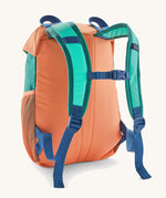 Patagonia kids refugito 12L day pack in green and pale orange block colour. Shows blue shoulder straps and orange back panel