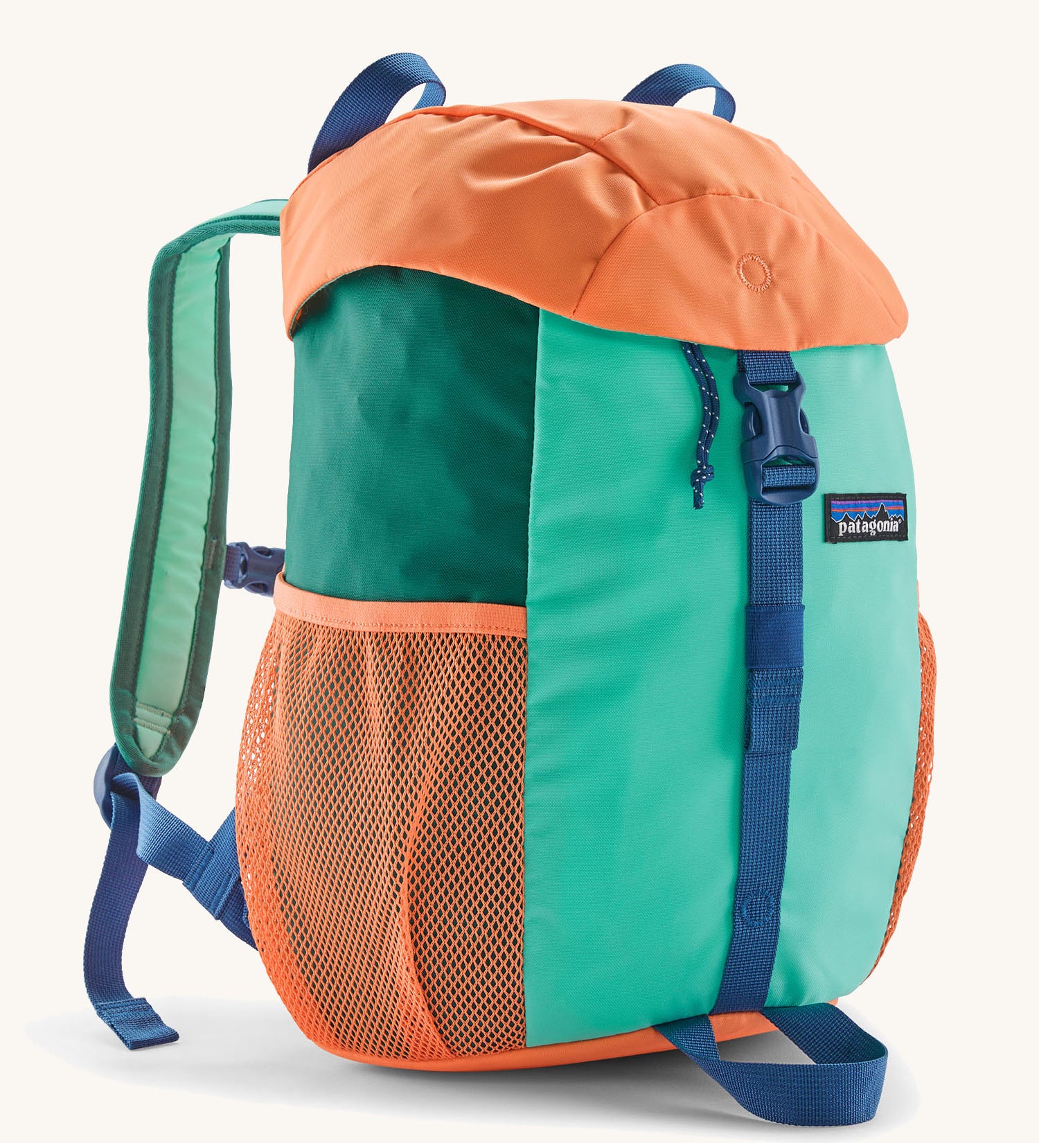 Patagonia kids refugito 12L day pack in green and pale orange block colour. Shows front buckle lid fastener and mesh pockets