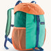 Patagonia kids refugito 12L day pack in green and pale orange block colour. Shows front buckle lid fastener and mesh pockets