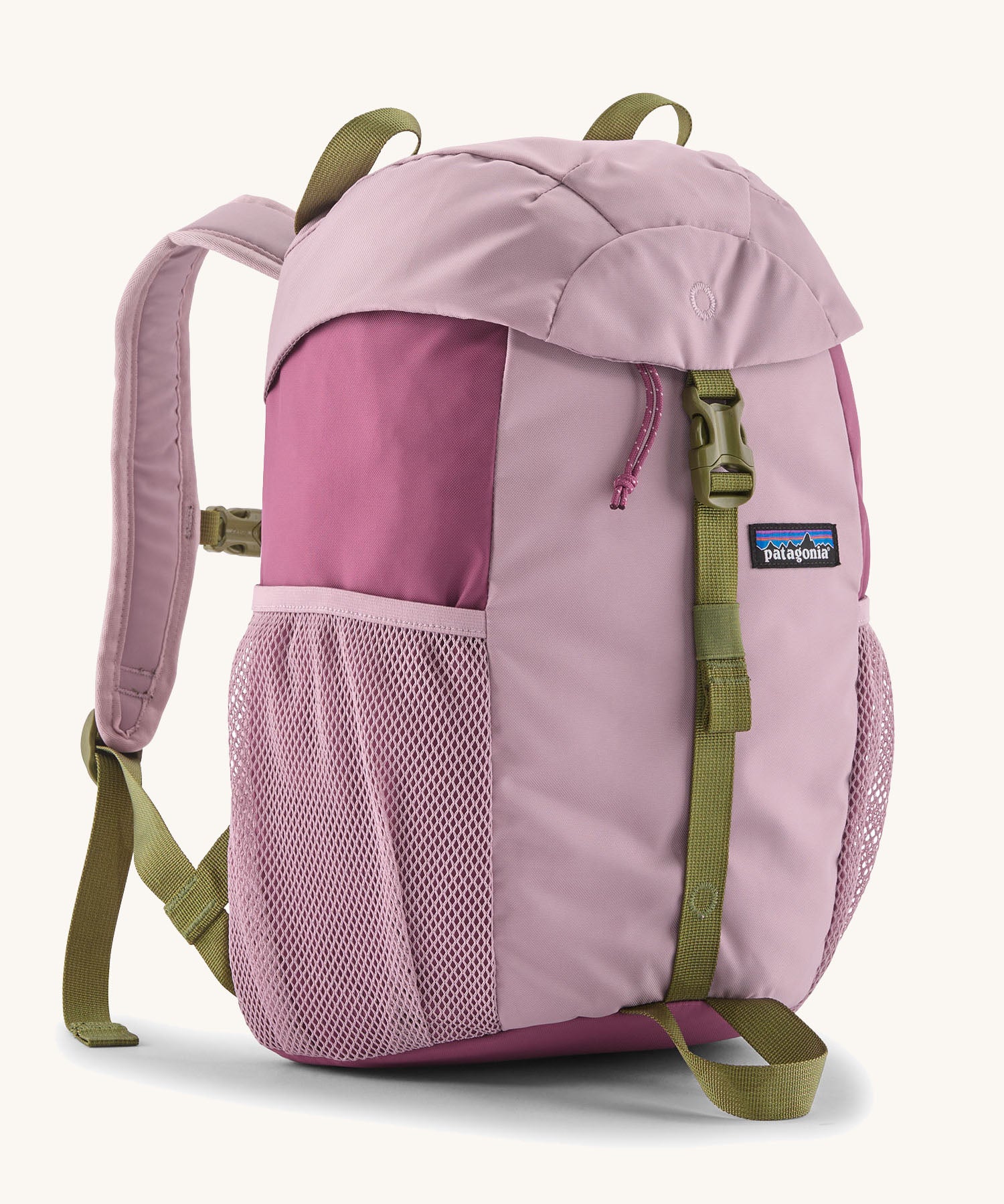 Patagonia kids refugito 12L day pack in pale purple and green trim. Shows front buckle lid fastener and mesh pockets