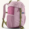 Patagonia kids refugito 12L day pack in pale purple and green trim. Shows front buckle lid fastener and mesh pockets