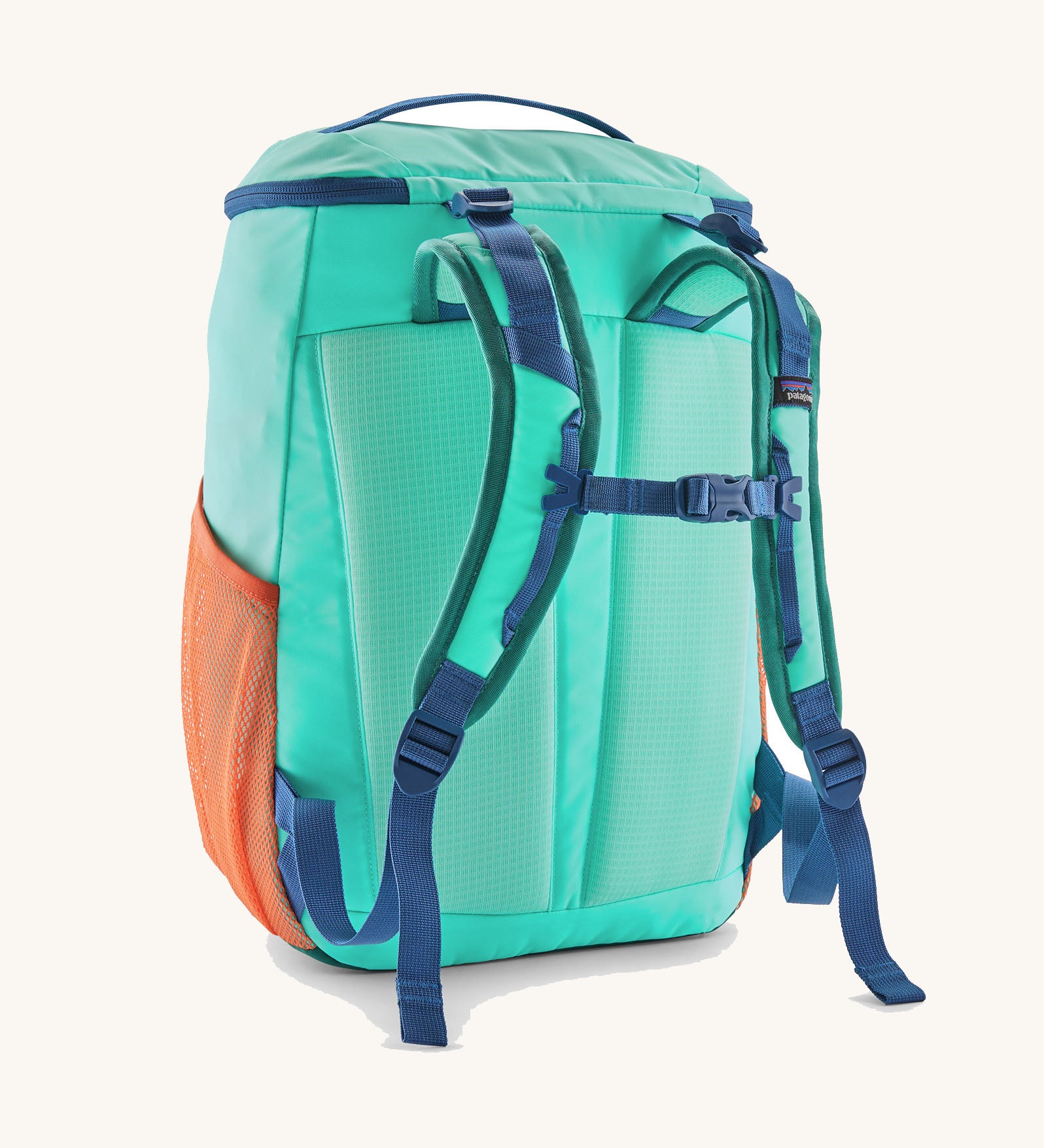 Patagonia kids refugito 18L day pack in bright teal with orange mesh side pockets and a blue buckle on the shoulder straps