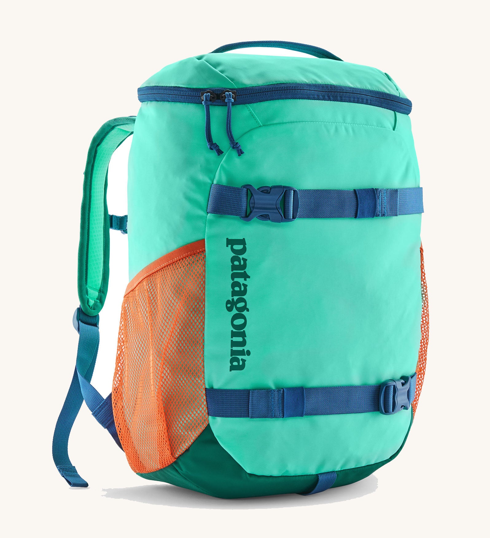 Patagonia kids refugito 18L day pack in bright teal with orange mesh side pockets and 2 blue front buckles on the front 