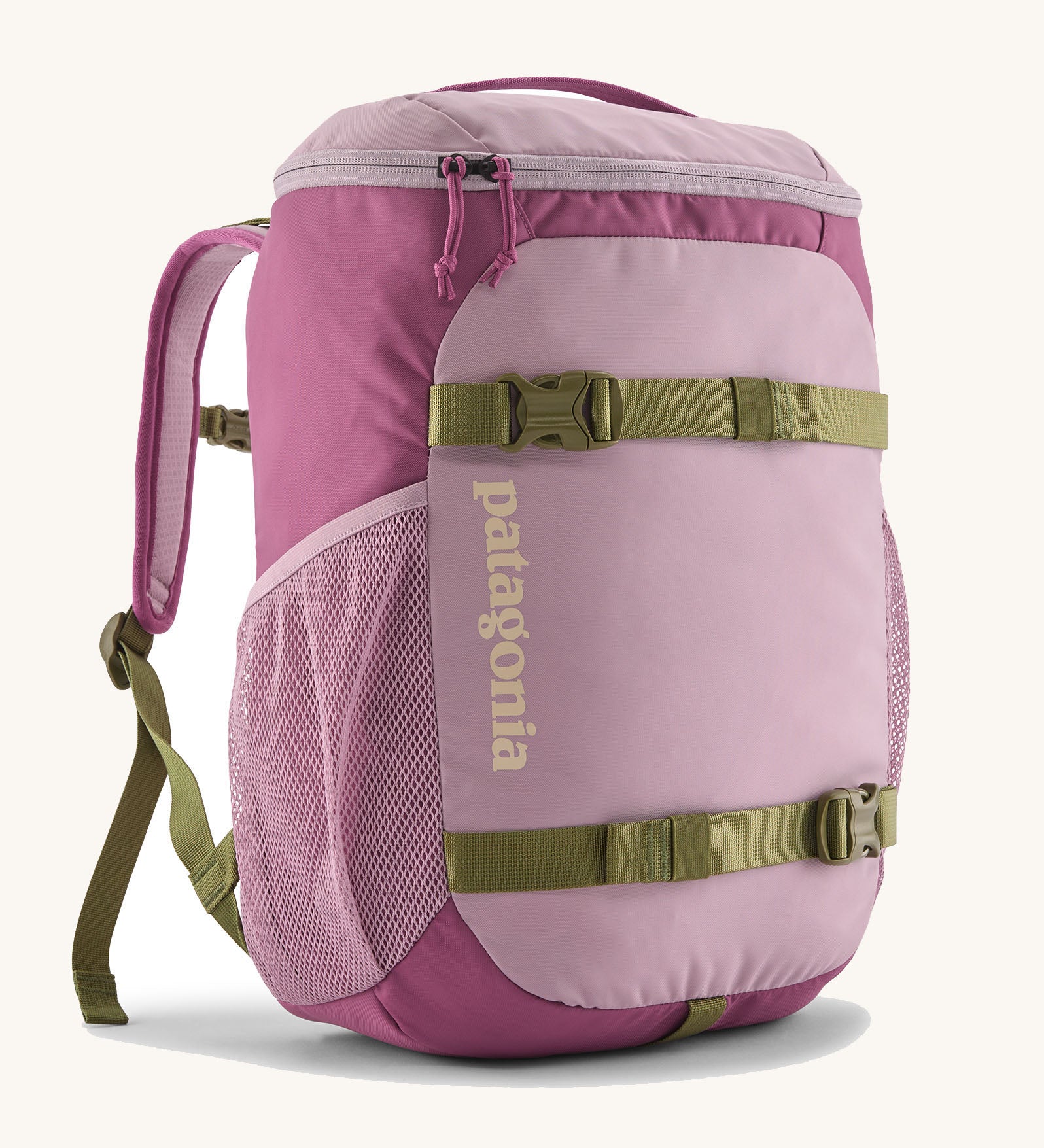 Patagonia kids refugito 18L day pack in pale purple with matching mesh side pockets and 2 green front buckles on the front 