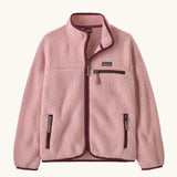 Patagonia Kids retro pile jacket in Fuzzy Mauve. Light pink fleece with maroon binding and contrasting zip pockets.