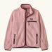 Patagonia Kids retro pile jacket in Fuzzy Mauve. Light pink fleece with maroon binding and contrasting zip pockets.