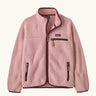 Patagonia Kids retro pile jacket in Fuzzy Mauve. Light pink fleece with maroon binding and contrasting zip pockets.