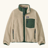 Patagonia Kids Retro X Fleece Jacket in Dark Natural with Canopy Green. Cream fleece with contrasting forest green binding, collar and square chest pocket.