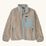 Patagonia Kids Retro X Fleece Jacket in Natural with Virtually blue. Cream fleece with contrasting pale blue binding, collar and square chest pocket.