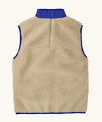 Back of Patagonia kids retro x vest in dark natural showing pile fleece body and blue turned up collar