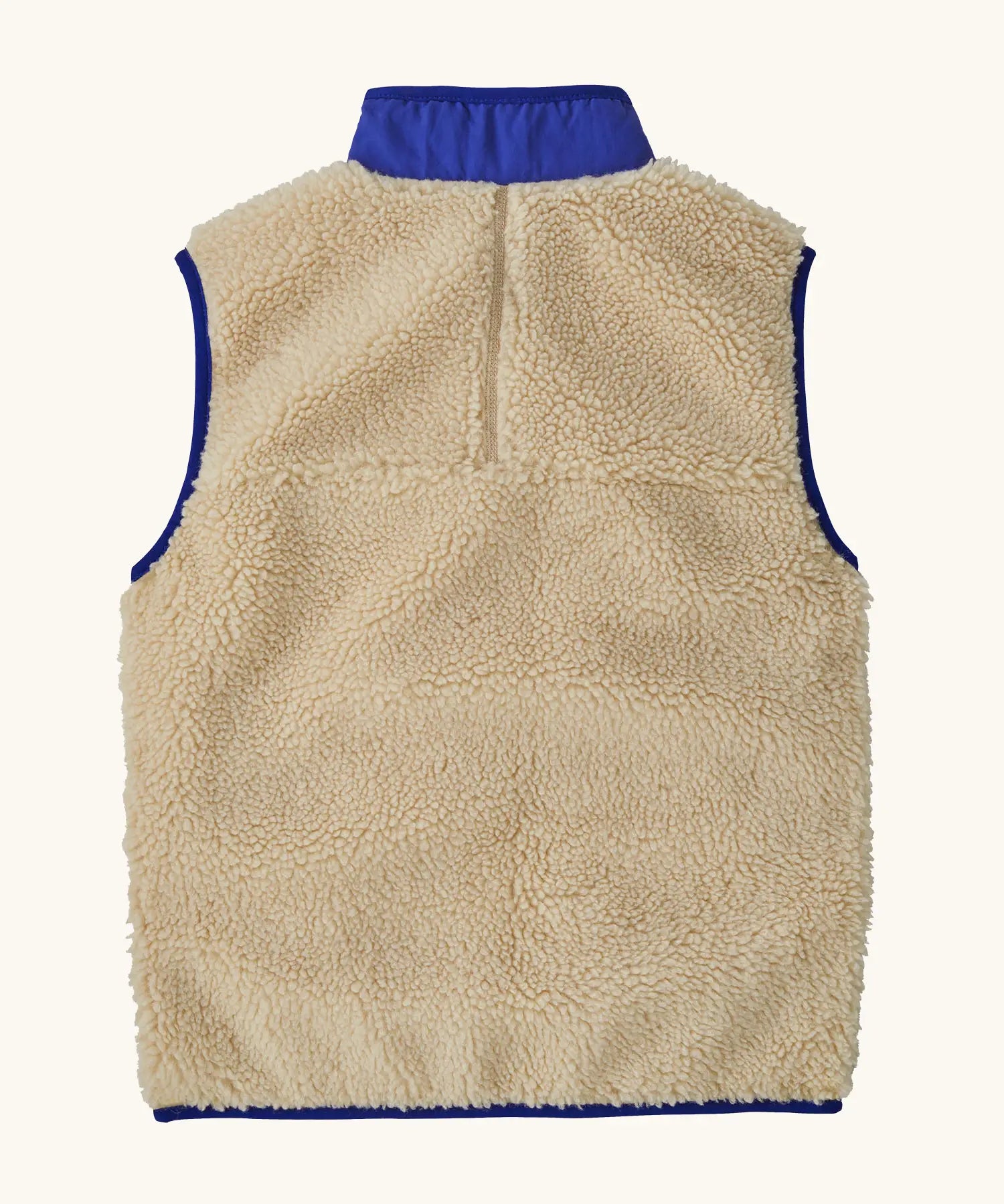 Back of Patagonia kids retro x vest in dark natural showing pile fleece body and blue turned up collar