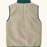 Back of Patagonia kids retro x vest in dark natural showing pile fleece body and greeb turned up collar