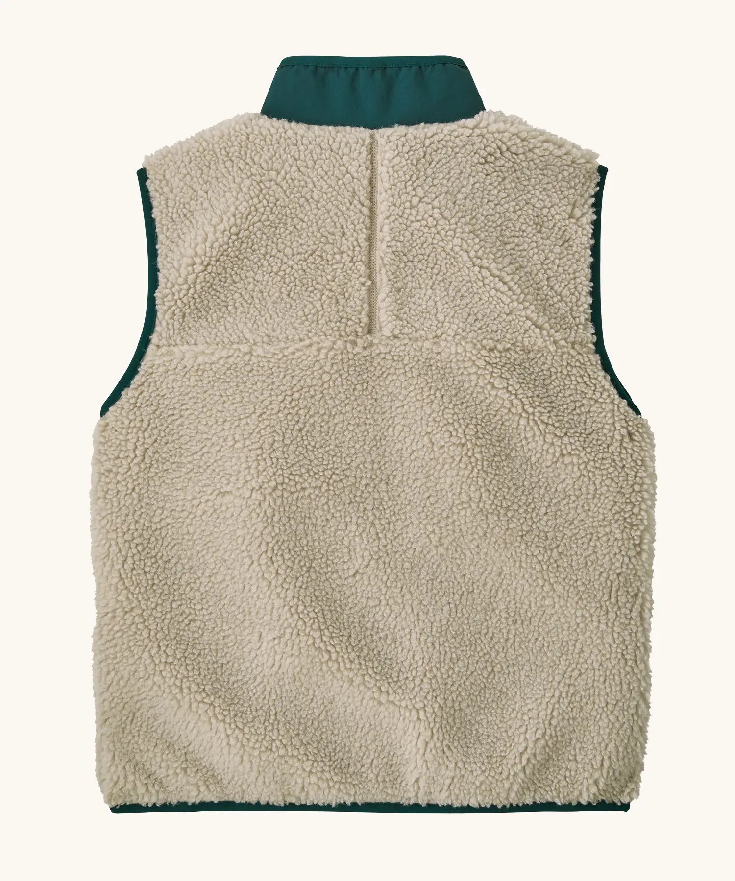 Back of Patagonia kids retro x vest in dark natural showing pile fleece body and greeb turned up collar