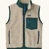 Patagonia kids retro x vest. A 100% recycled polyester and pile fleece gilet with dark green trim. Features a full length zip, 2 side pockets and a small chest pocket