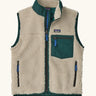 Patagonia kids retro x vest. A 100% recycled polyester and pile fleece gilet with dark green trim. Features a full length zip, 2 side pockets and a small chest pocket