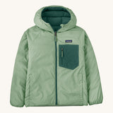 Patagonia Kids Reversible Down Hoody in ellwood green available at Babipur showing the grey green reverse side. Features a full length zip, 2 side pockets and a chest pocket.