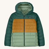Patagonia Kids Reversible Down Hoody in ellwood green colourway available at Babipur. A long sleeve jacket in green and dark yellow featuring a full length zip and a grey-green colour on the reverse
