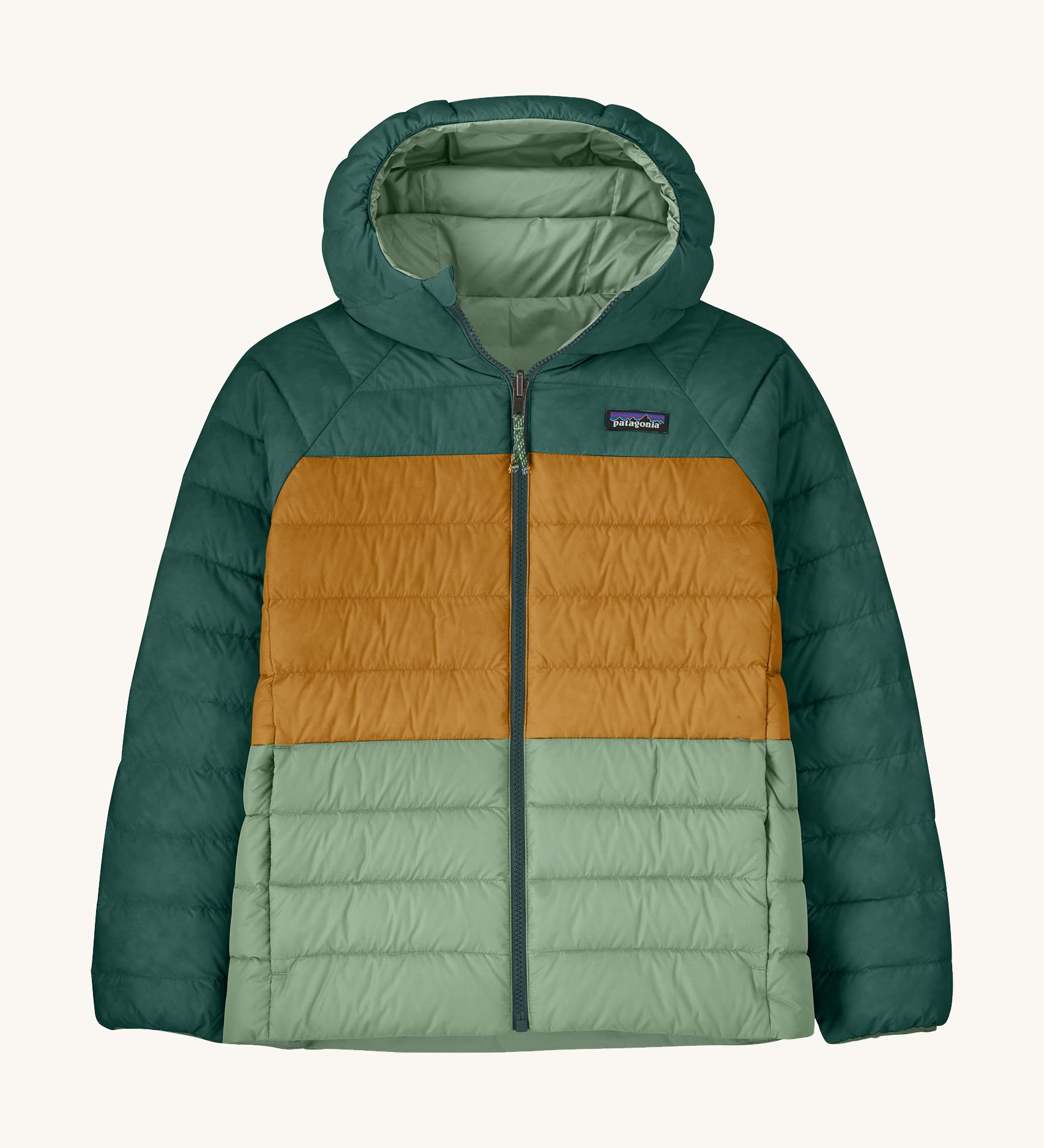 Patagonia Kids Reversible Down Hoody in ellwood green colourway available at Babipur. A long sleeve jacket in green and dark yellow featuring a full length zip and a grey-green colour on the reverse