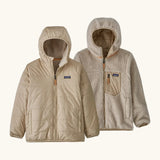 Patagonia kids reversible ready freddy hoody in light tan showing a beige fleece on the reverse. Features a front zip, side and chest pockets