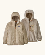 Patagonia kids reversible ready freddy hoody in light tan showing a beige fleece on the reverse. Features a front zip, side and chest pockets