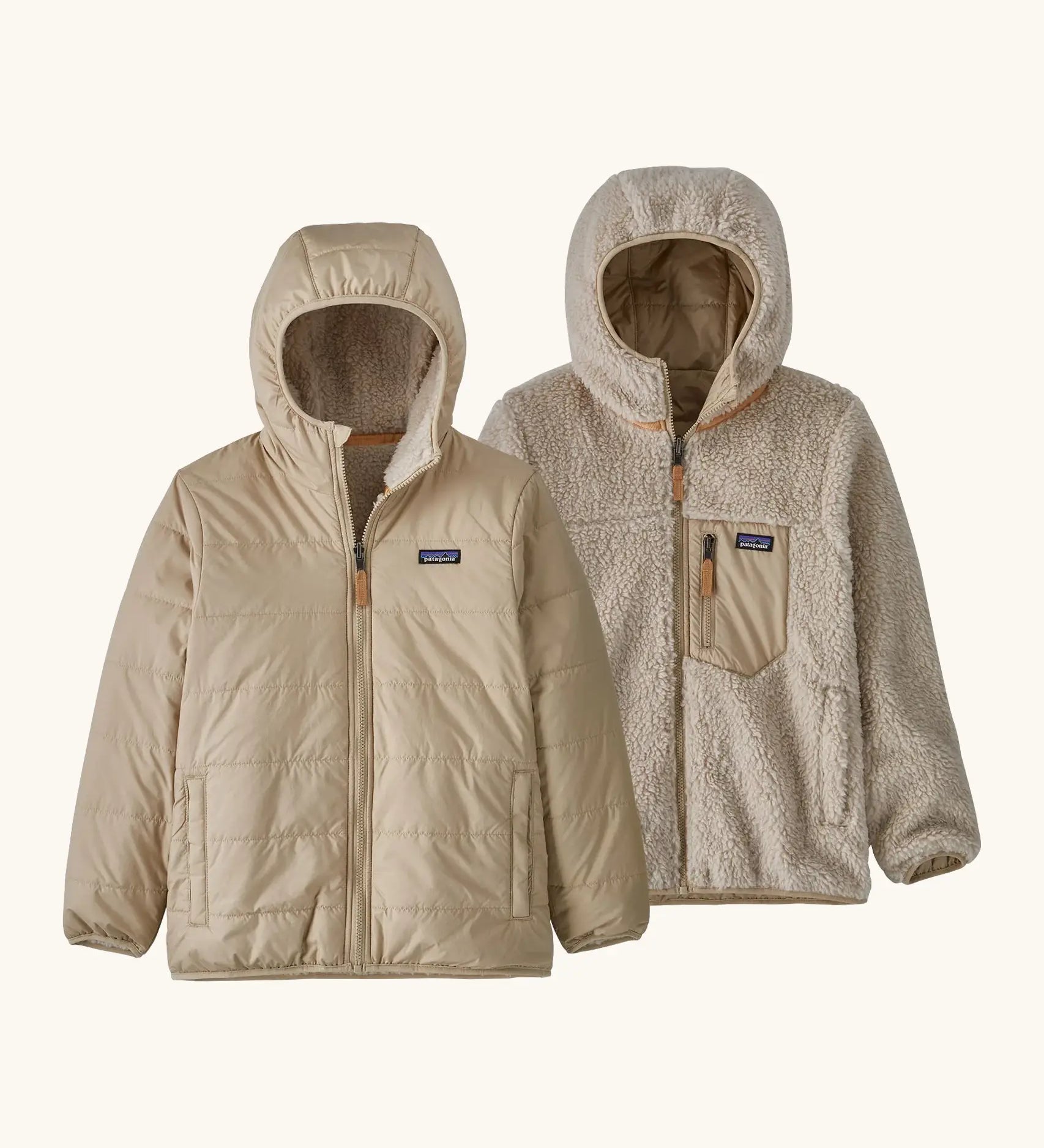 Patagonia kids reversible ready freddy hoody in light tan showing a beige fleece on the reverse. Features a front zip, side and chest pockets