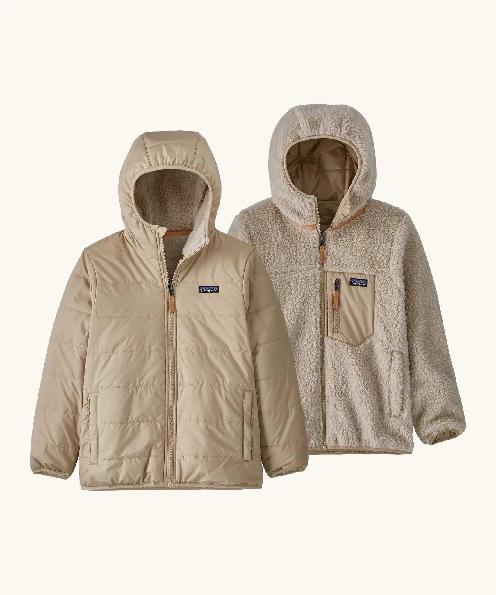 Patagonia kids reversible ready freddy hoody in light tan showing a beige fleece on the reverse. Features a front zip, side and chest pockets