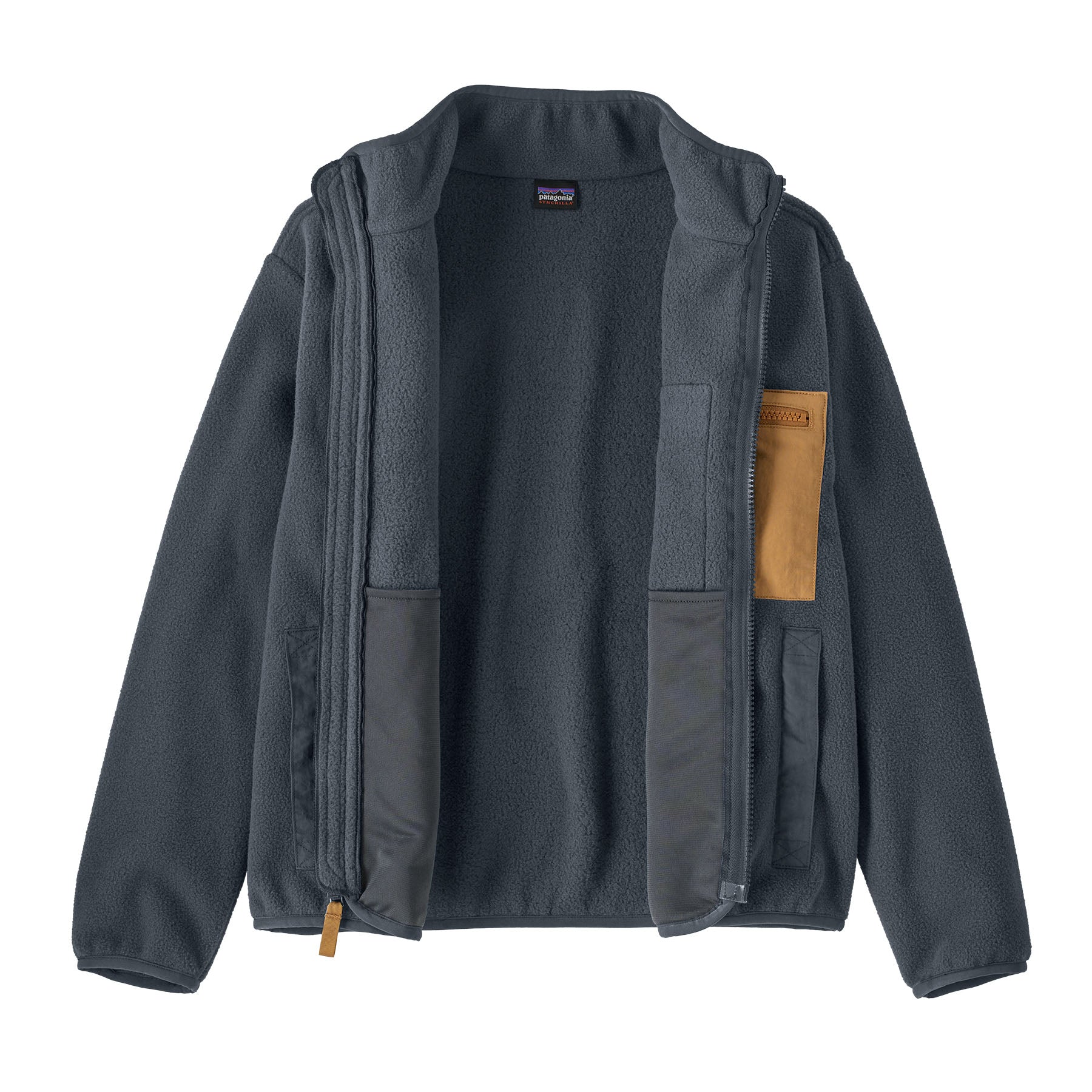 Patagonia kids synchilla fleece jacket in smolder blue available at Babipur showing the detailing on the inside