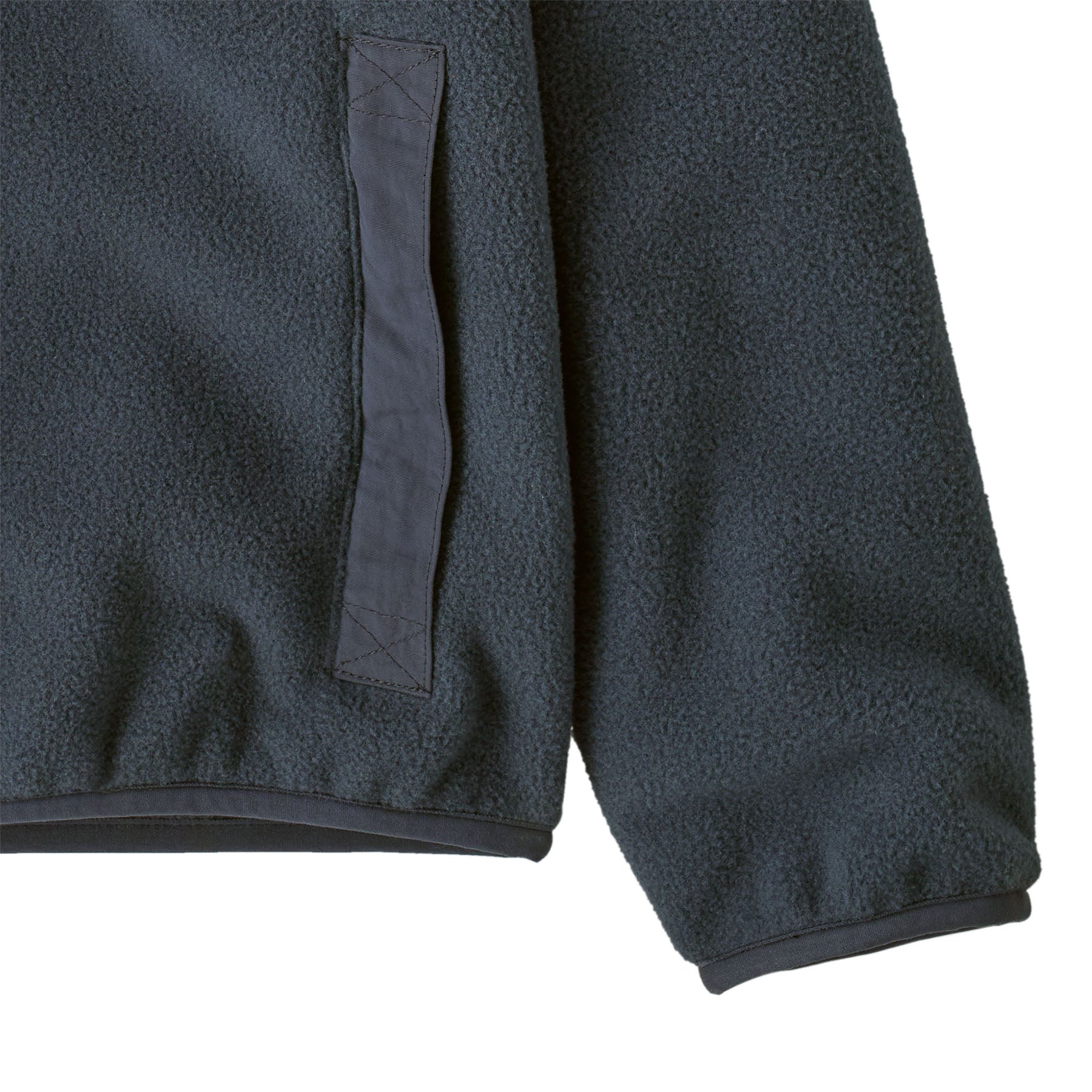 Patagonia kids synchilla fleece jacket in smolder blue available at Babipur showing the side pocket and cuff detail