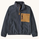 Patagonia kids synchilla fleece jacket in smolder blue available at Babipur. A 100% recycled polyester soft fleece in dark blue with matching trim. Features a turn up collar, full length zip 2 side pockets and a zip chest pocket with yellow panel