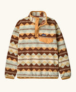 Patagonia Kids Lightweight Synchilla Snap-T Fleece Pullover in Diamond Stripe: Flurry Green. Cream, beige, and brown geometric stripe design with an orange snap placket and matching orange chest pocket flap.