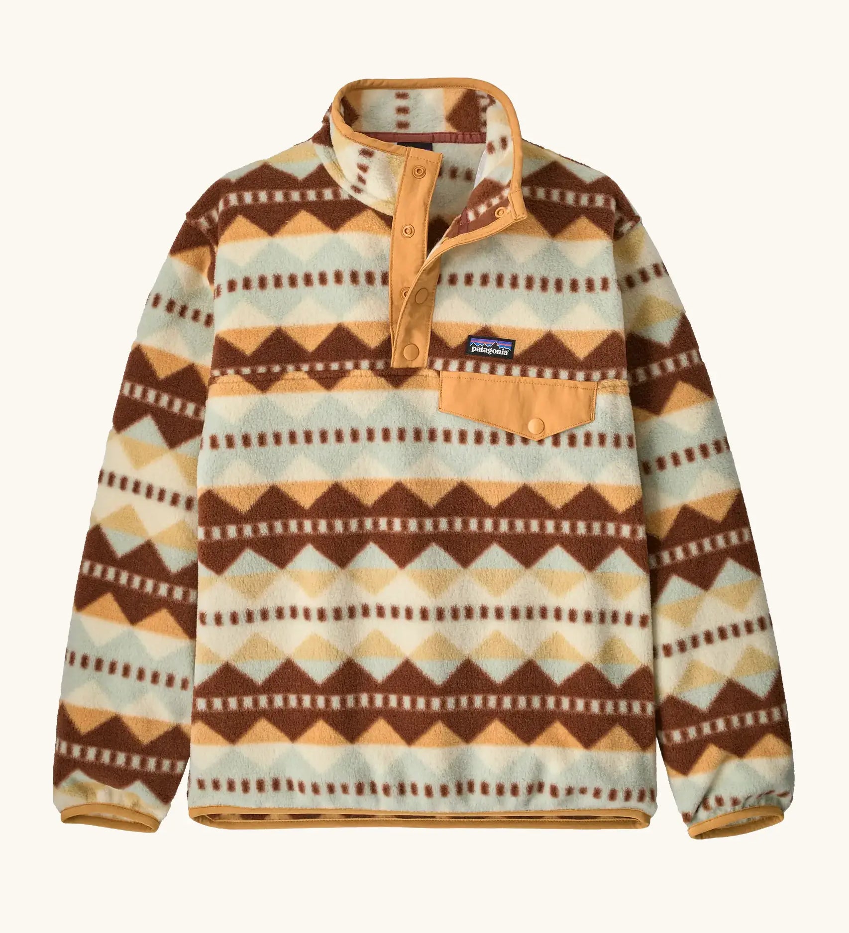 Patagonia Kids Lightweight Synchilla Snap-T Fleece Pullover in Diamond Stripe: Flurry Green. Cream, beige, and brown geometric stripe design with an orange snap placket and matching orange chest pocket flap.