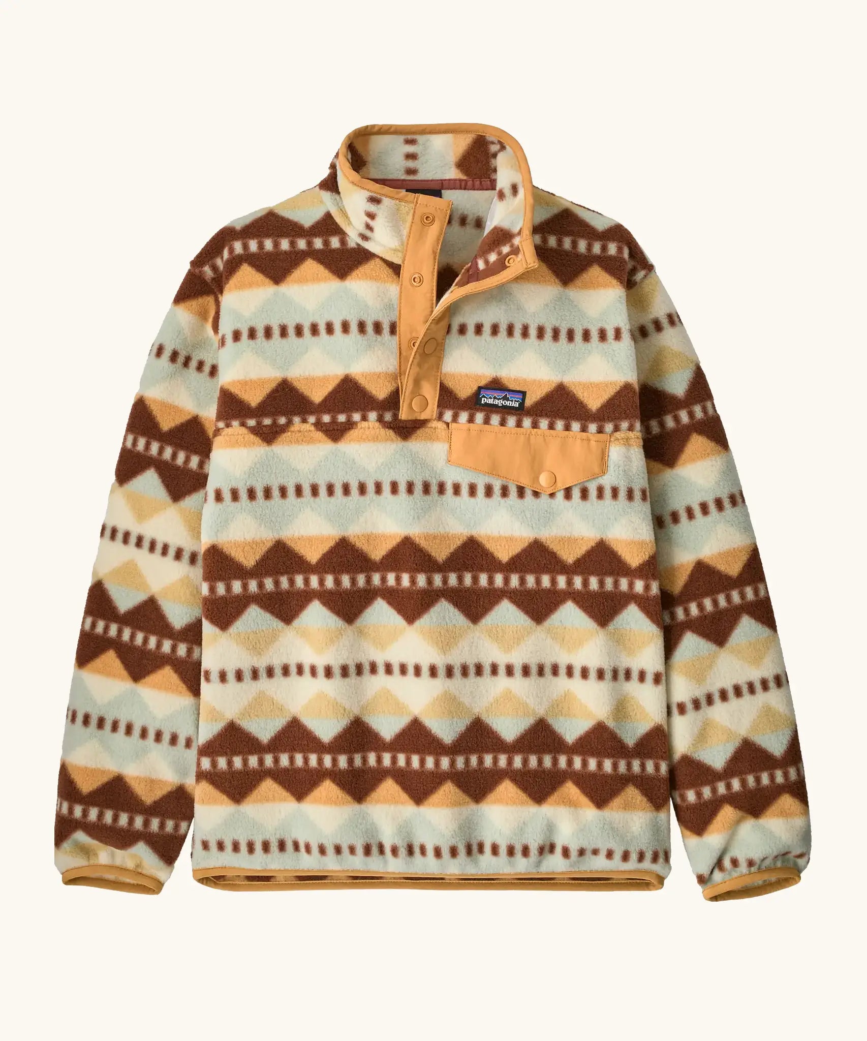 Patagonia Kids Lightweight Synchilla Snap-T Fleece Pullover in Diamond Stripe: Flurry Green. Cream, beige, and brown geometric stripe design with an orange snap placket and matching orange chest pocket flap.