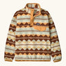 Patagonia Kids Lightweight Synchilla Snap-T Fleece Pullover in Diamond Stripe: Flurry Green. Cream, beige, and brown geometric stripe design with an orange snap placket and matching orange chest pocket flap.